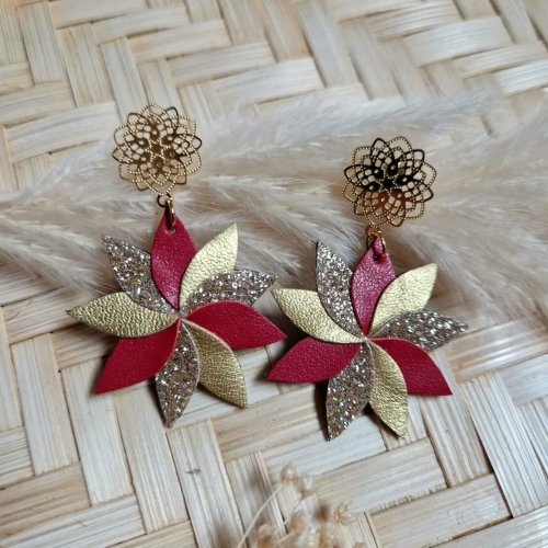 Boucles d'oreilles Flora rouge / doré