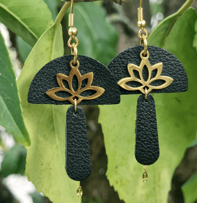 boucles-oreilles-vert-sombre Boucles d'oreilles en cuir vert sombre et métal doré