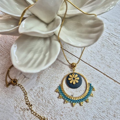 Collier pendentif Solis bleu canard- doré