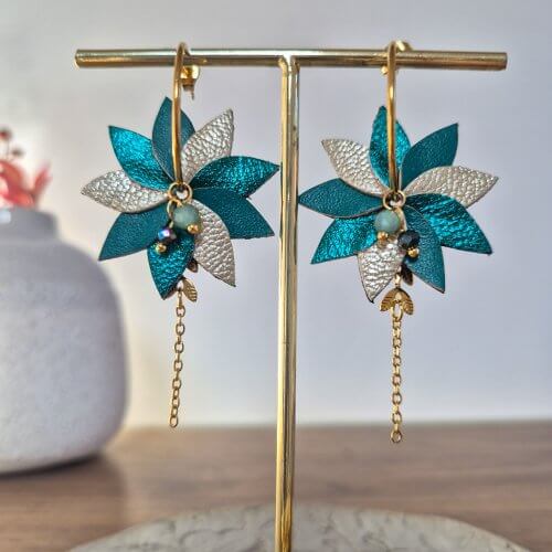 Boucles d'oreilles créoles "Flora" vert émeraude/crème
