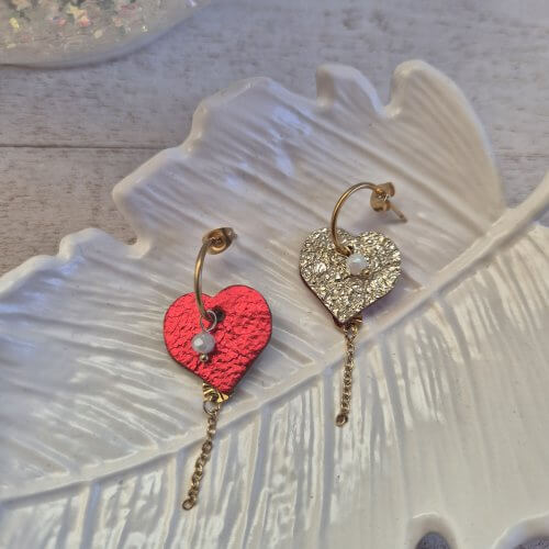 Boucles d'oreilles créoles "cœur" rouge-doré